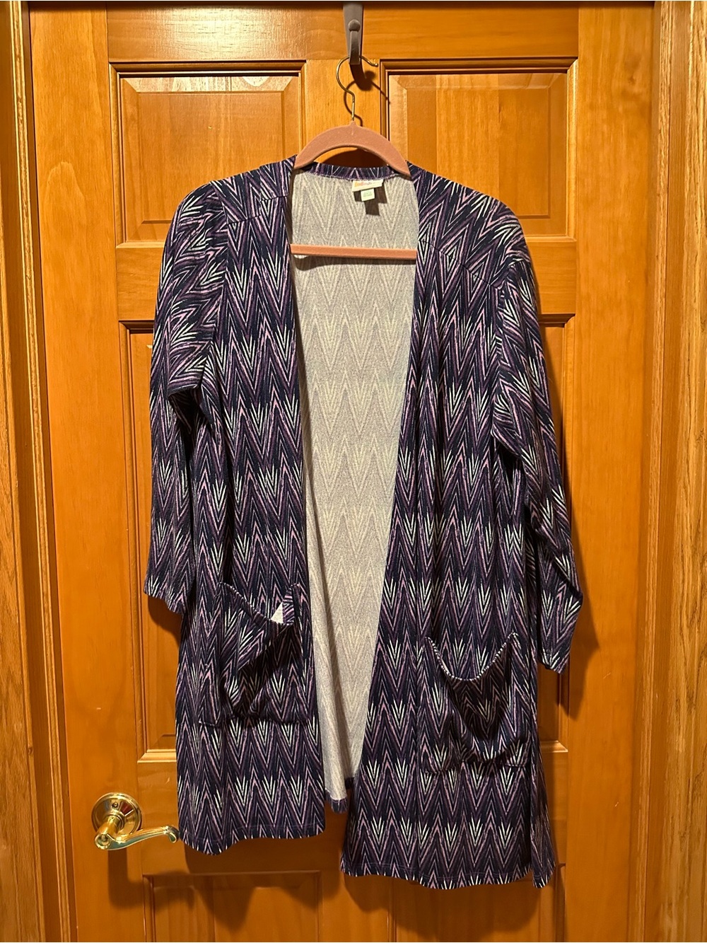 LuLaRoe Caroline Cardigan Chevron Open Front Duster Pockets Navy Purple White